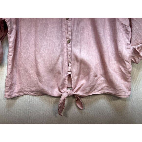Cherishh Women's Linen Shirt Blouse Tie Hem Size L/XL Pink Roll Tab Sleeve - Picture 7 of 11